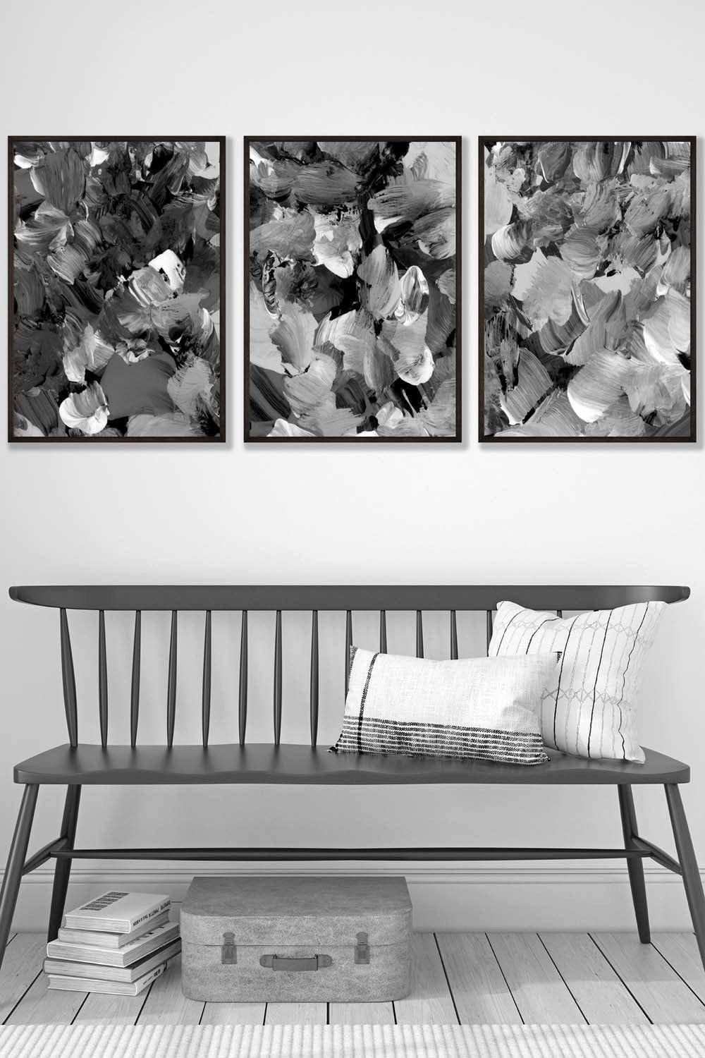 Set of 3 Black Framed Abstract Wild Garden Flowers in Black and Grey Wall Art