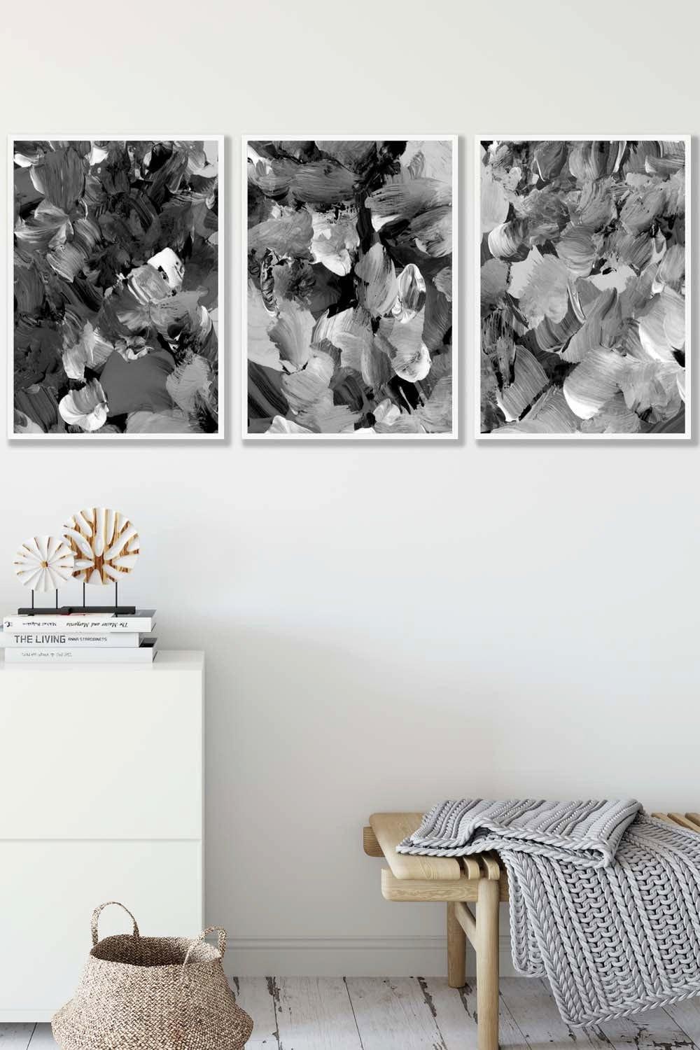 Set of 3 White Framed Abstract Wild Garden Flowers in Black and Grey Wall Art