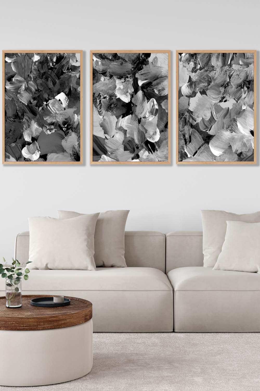 Set of 3 Oak Framed Abstract Wild Garden Flowers in Black and Grey Wall Art