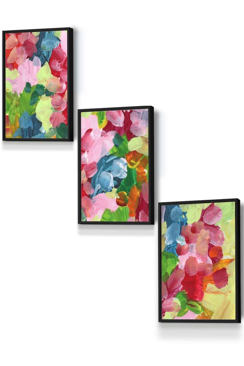 Set of 3 Black Framed Abstract Wild Garden Flowers in Blue and Pink Wall Art
