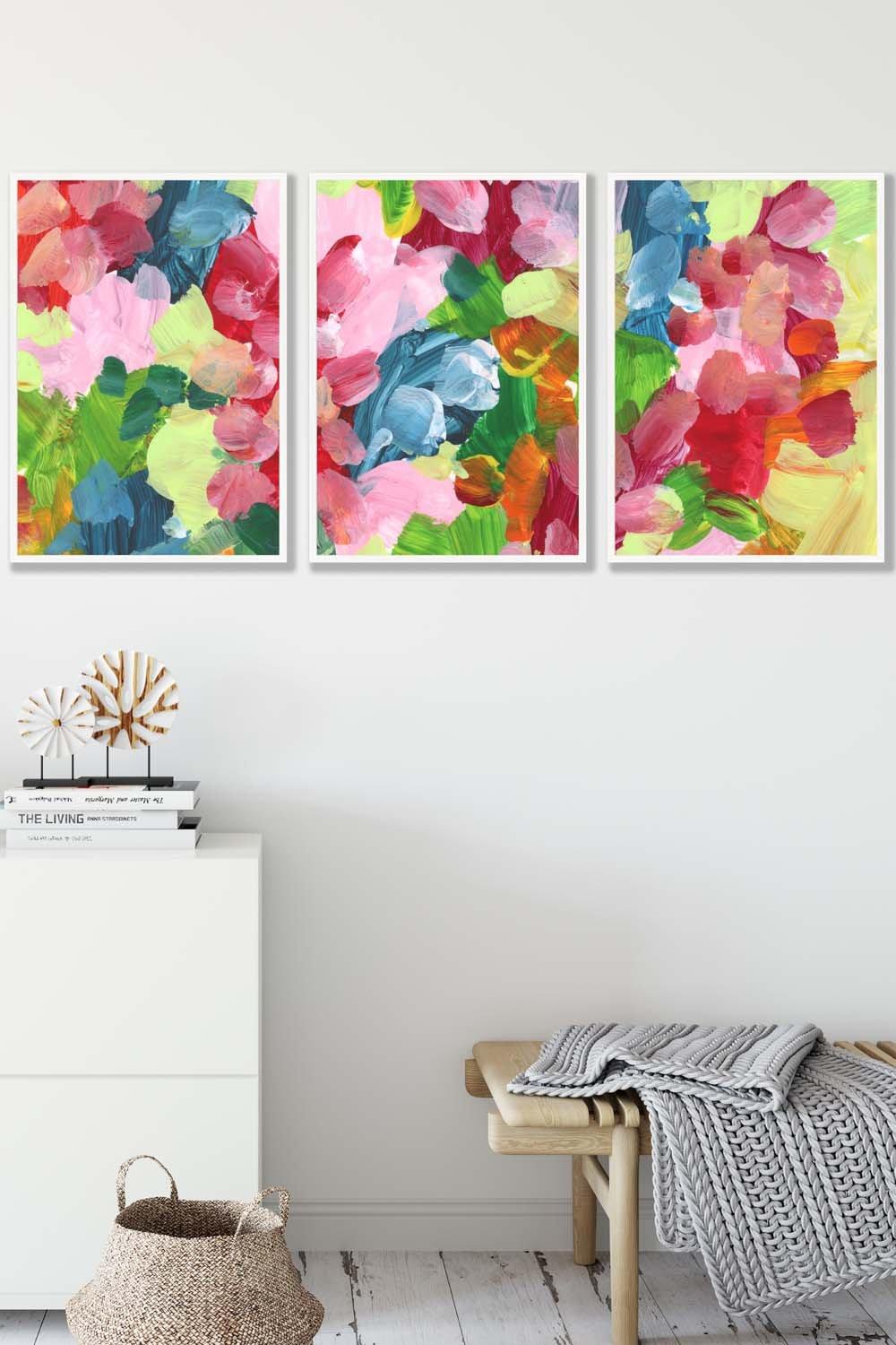 Set of 3 White Framed Abstract Wild Garden Flowers in Blue and Pink Wall Art