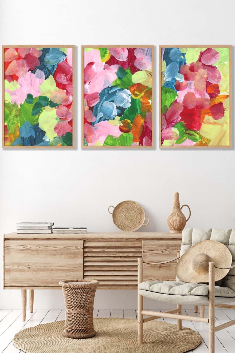 Set of 3 Oak Framed Abstract Wild Garden Flowers in Blue and Pink Wall Art