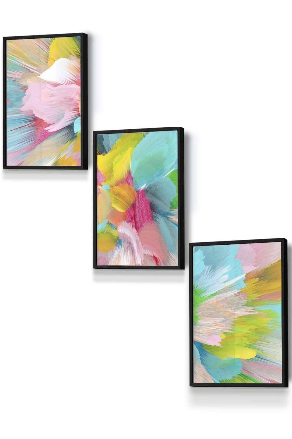 Set of 3 Black Framed Abstract Bright Painted Fractal Wall Art