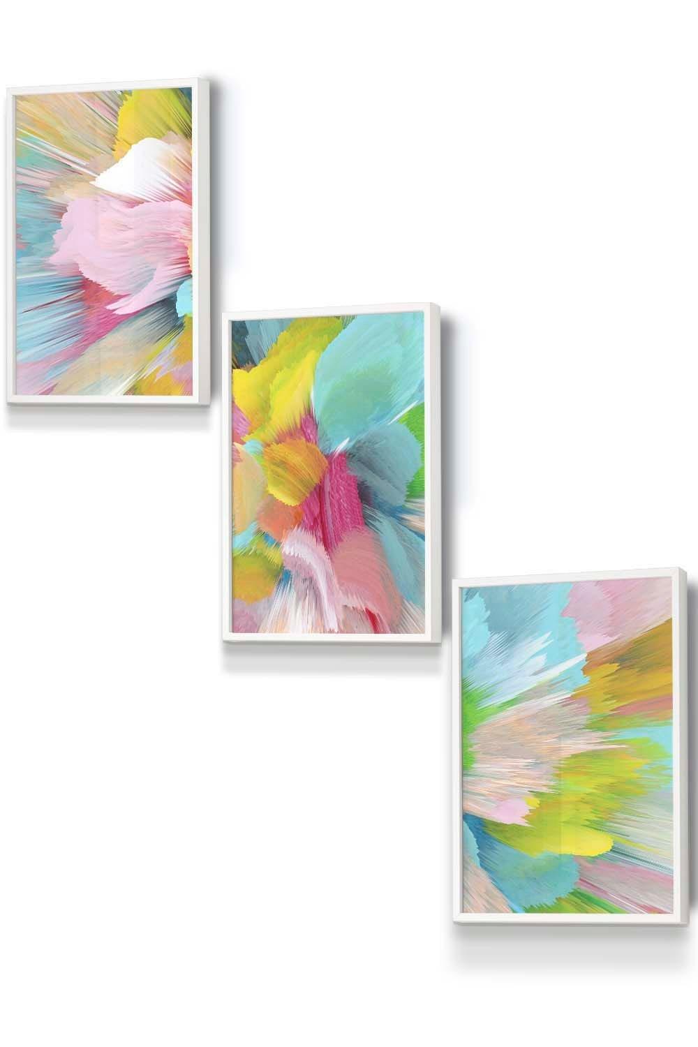 Set of 3 White Framed Abstract Bright Painted Fractal Wall Art