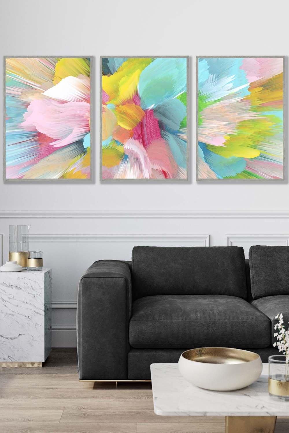 Set of 3 Light Grey Framed Abstract Bright Painted Fractal Wall Art