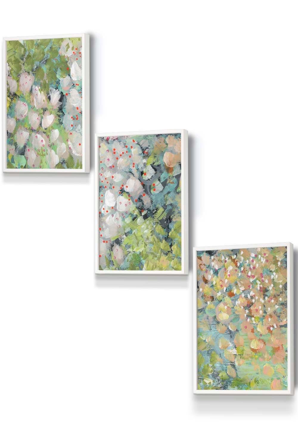 Set of 3 White Framed Abstract Cottage Garden Flowers in Green Wall Art