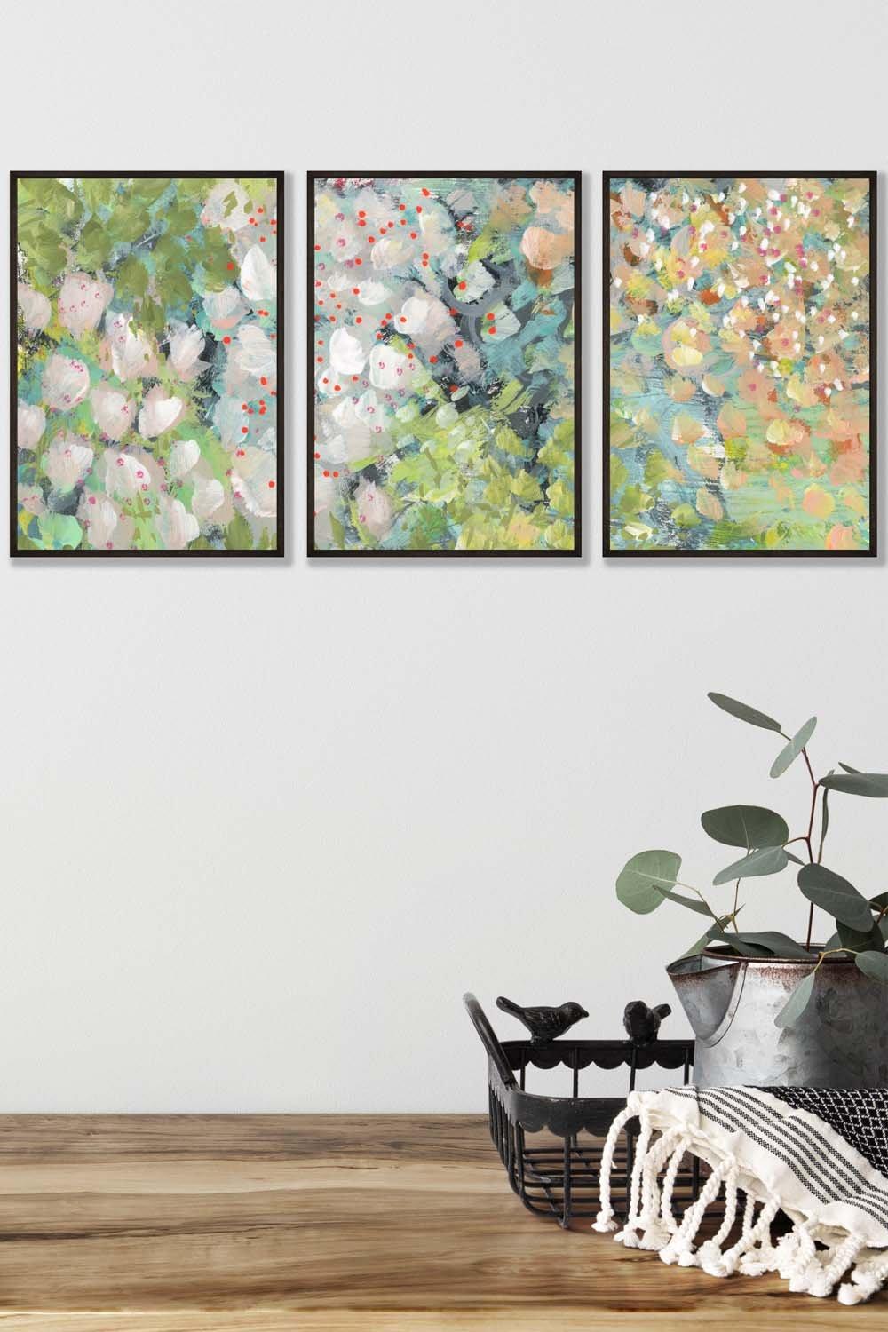 Set of 3 Black Framed Abstract Cottage Garden Flowers in Green Wall Art