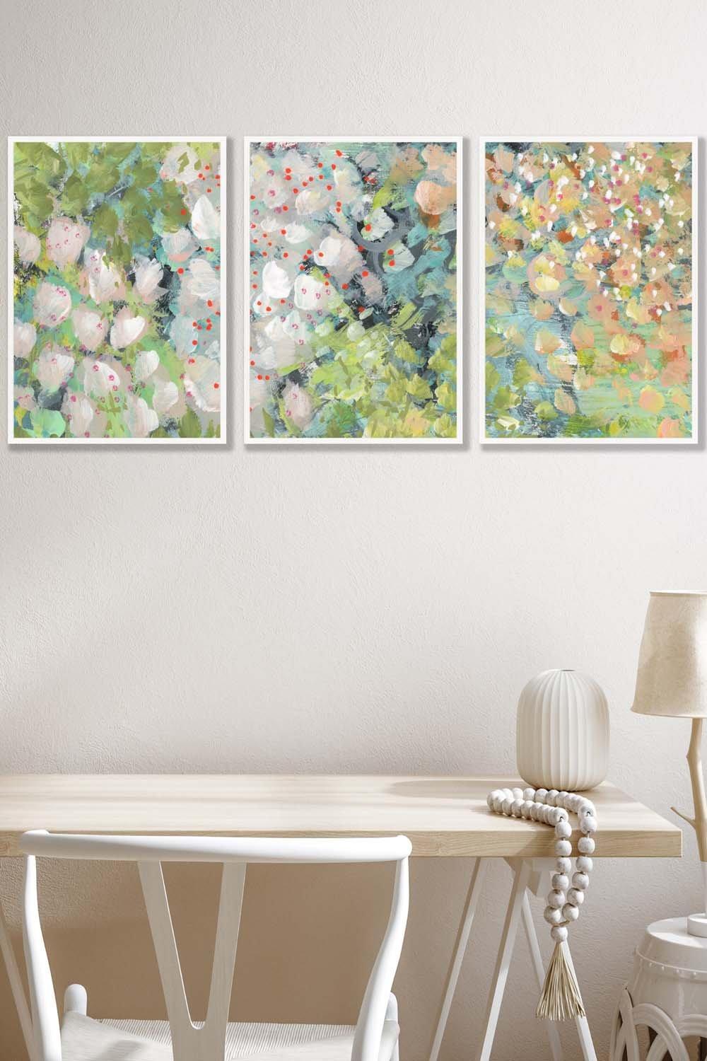 Set of 3 White Framed Abstract Cottage Garden Flowers in Green Wall Art