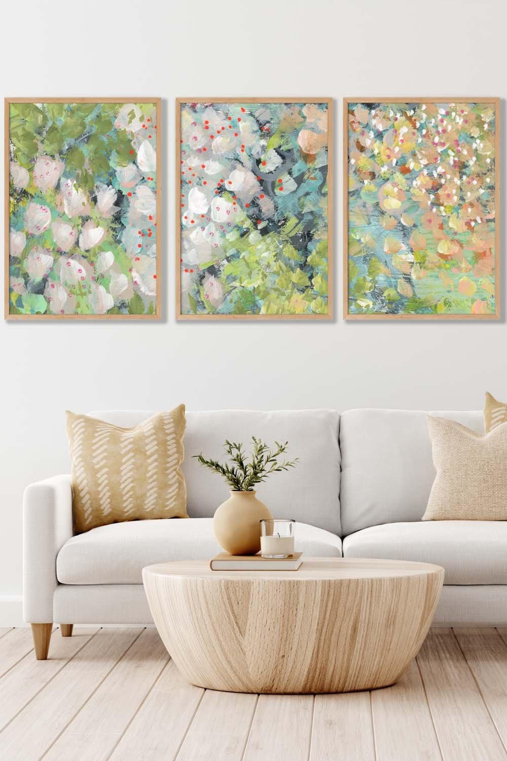 Set of 3 Oak Framed Abstract Cottage Garden Flowers in Green Wall Art