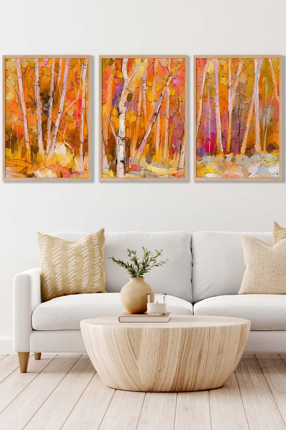 Set of 3 Oak Framed Abstract Autumn Trees in Orange Wall Art
