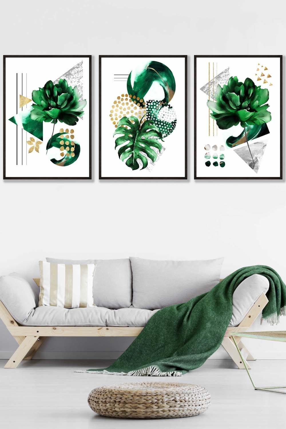 Abstract Green Gold Botanical Framed Wall Art - Large