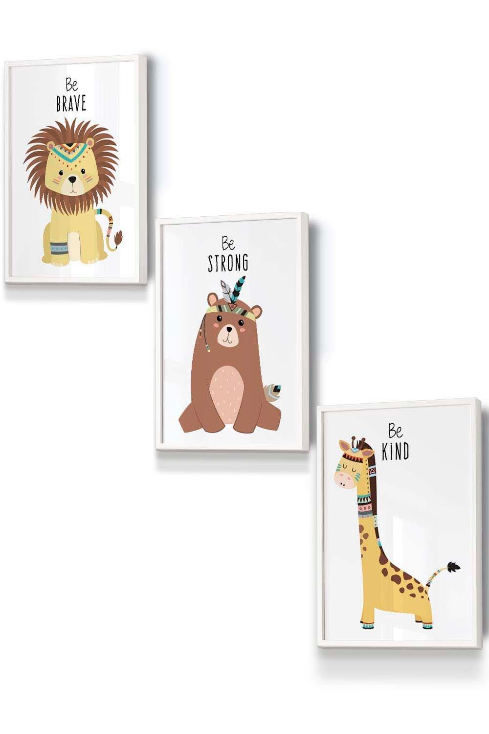 Nursery Tribal Lion, Bear, Giraffe Quote Prints Framed Wall Art - Small