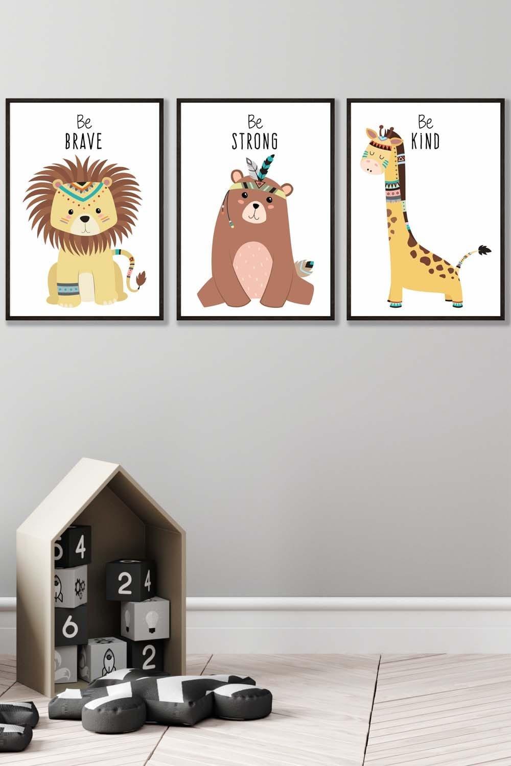 Nursery Tribal Lion, Bear, Giraffe Quote Prints Framed Wall Art - Large
