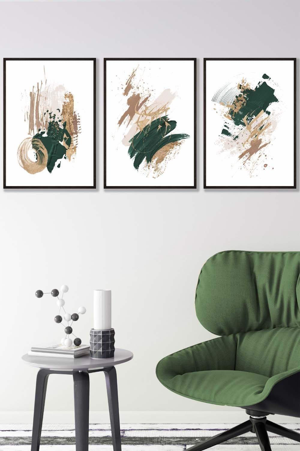 Abstract Green Beige and Gold Oil Strokes Framed Wall Art - Medium