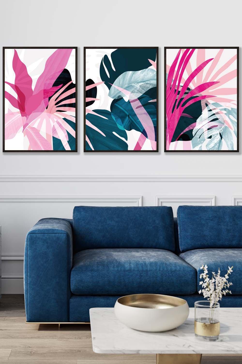 Set of 3 Black Framed Abstract Pink and Blue Tropical Triptych Wall Art