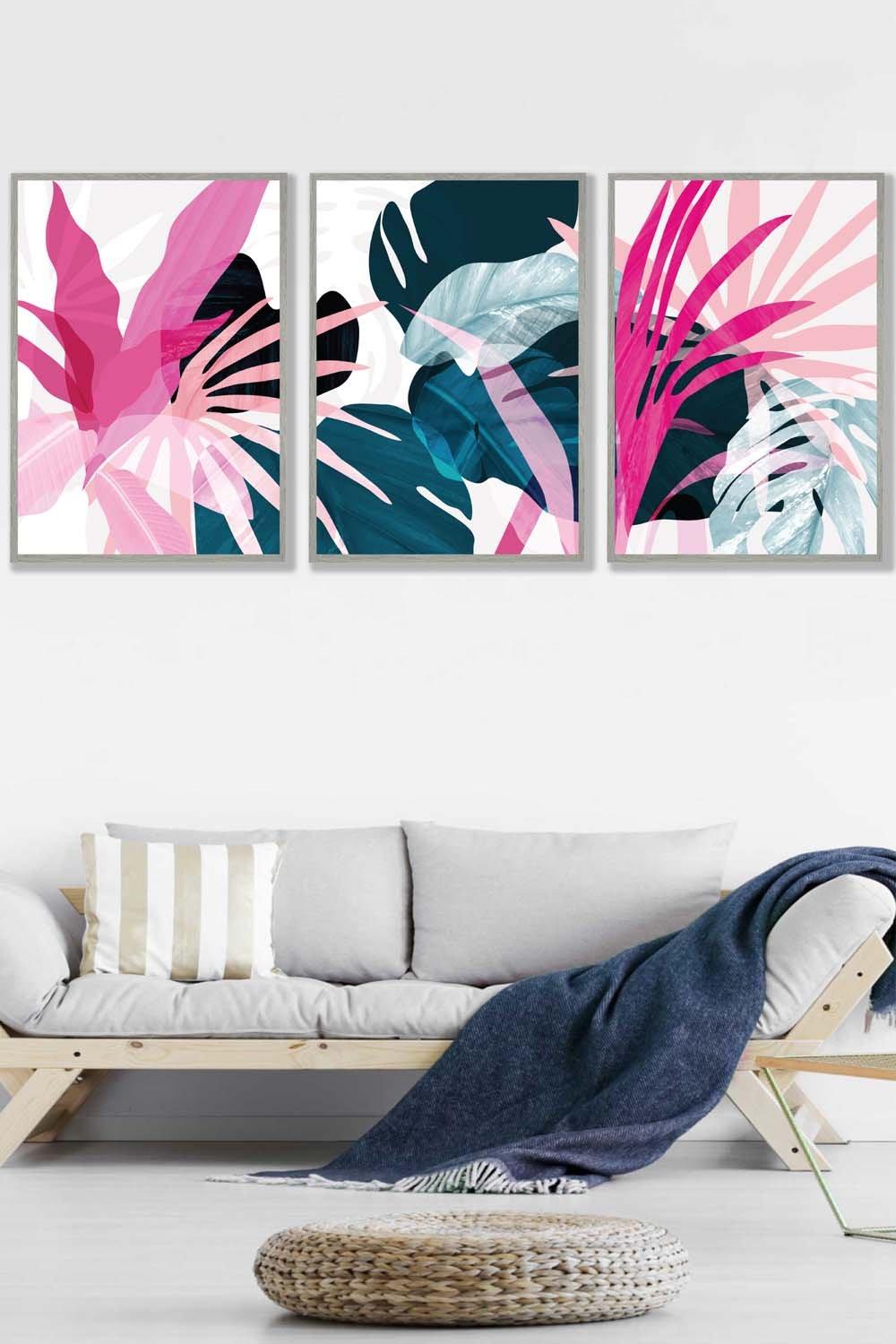 Set of 3 Light Grey Framed Abstract Pink and Blue Tropical Triptych Wall Art