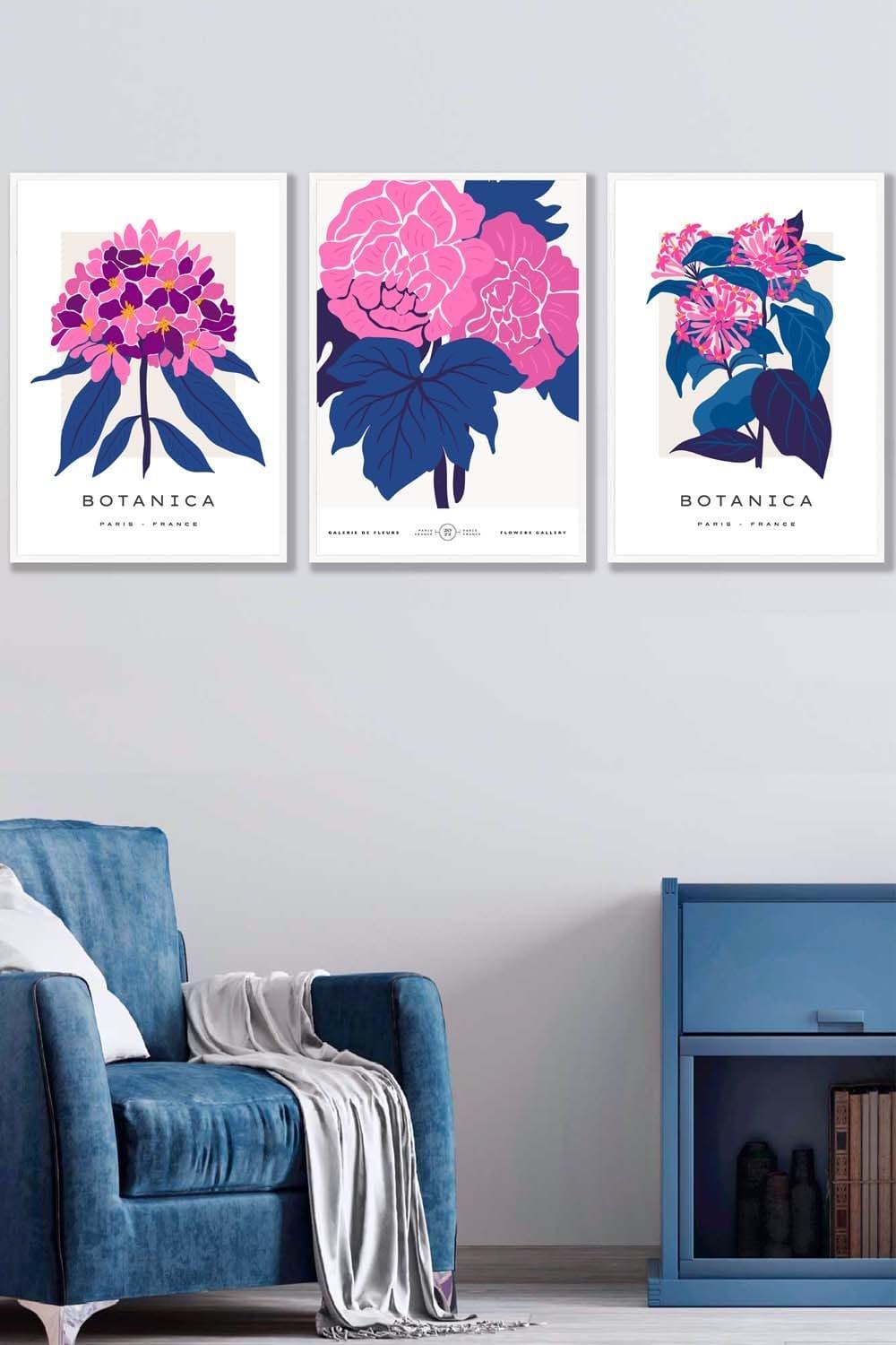 Set of 3 White Framed Pink and Navy Blue Flower Market Posies Wall Art