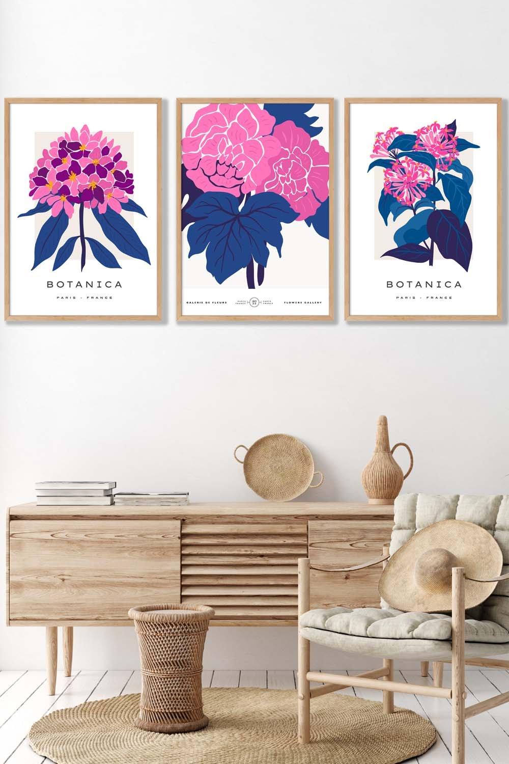 Set of 3 Oak Framed Pink and Navy Blue Flower Market Posies Wall Art