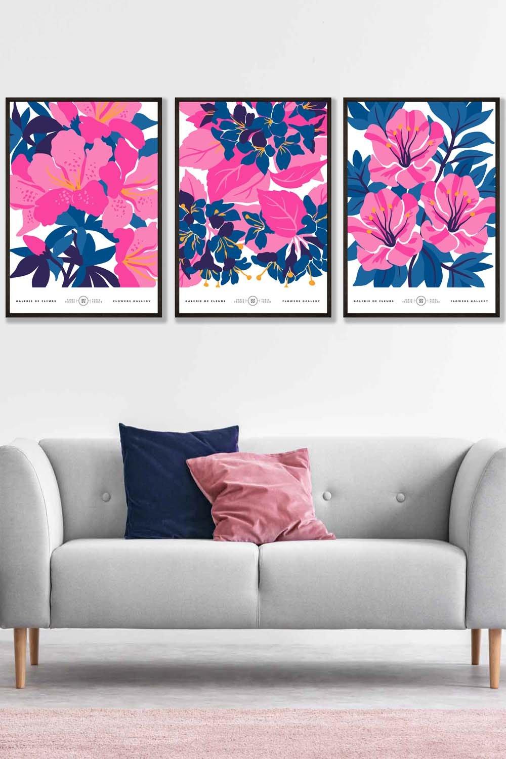 Set of 3 Black Framed Navy Blue and Pink Flower Market Bouquets Wall Art