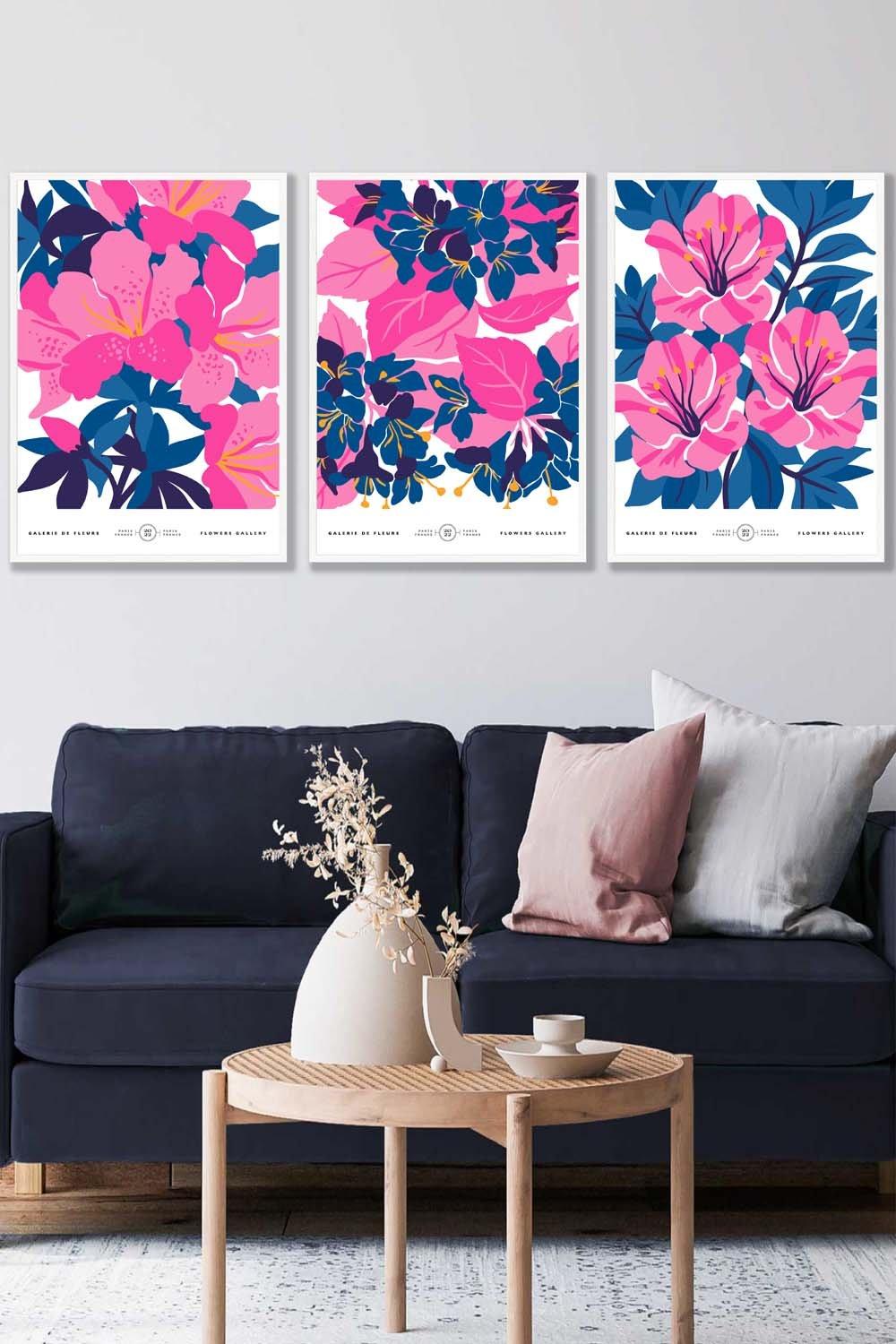 Set of 3 White Framed Navy Blue and Pink Flower Market Bouquets Wall Art