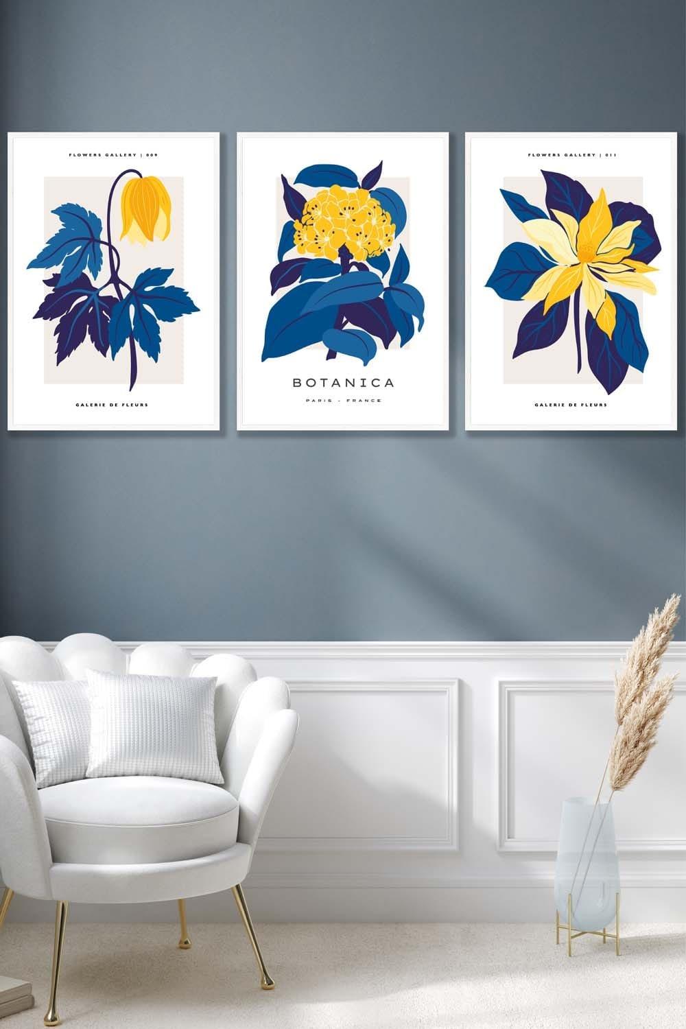Set of 3 White Framed Navy Blue and Yellow Flower Market Wall Art