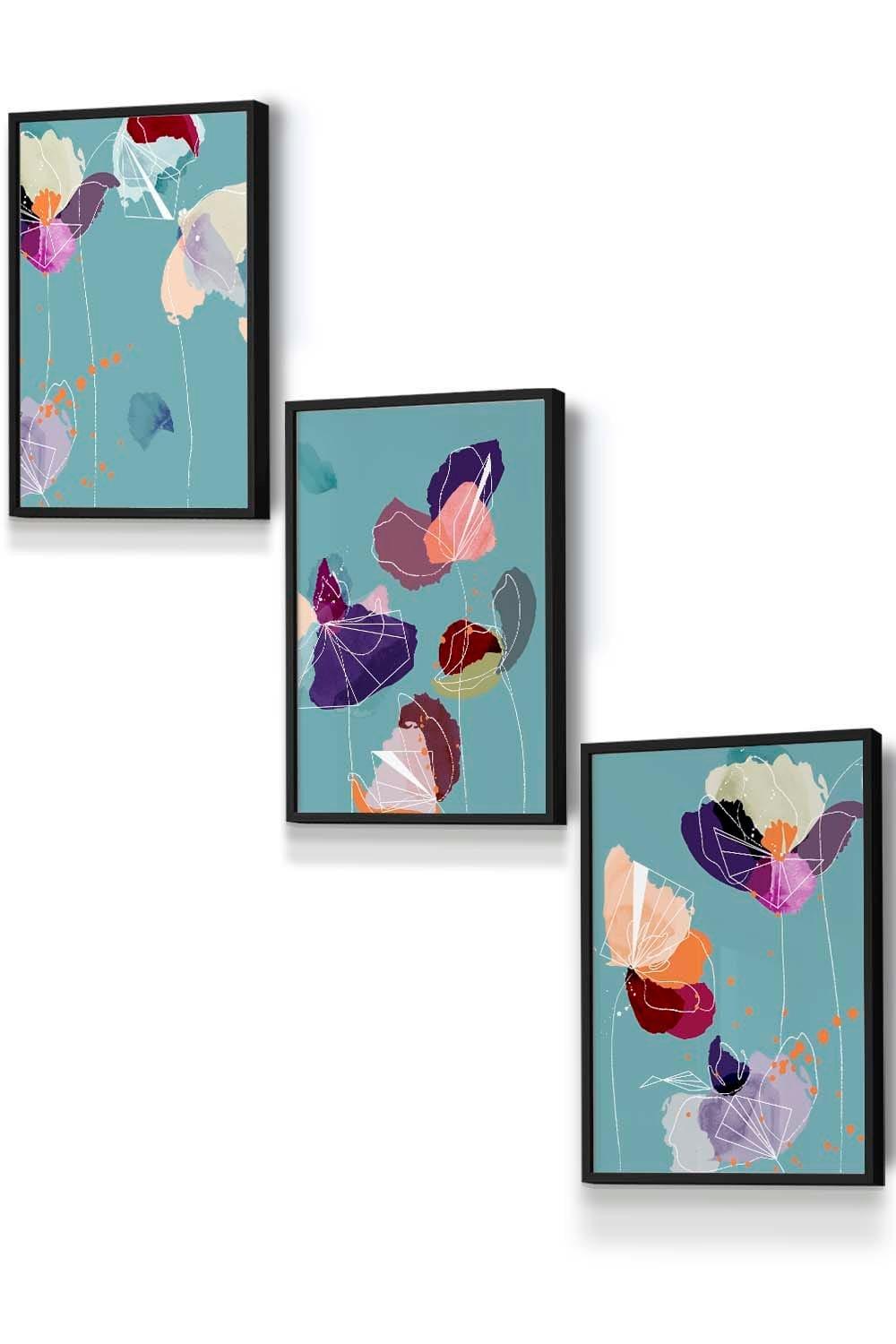 Set of 3 Black Framed Graphical Colourful Spring Flowers Triptych Wall Art