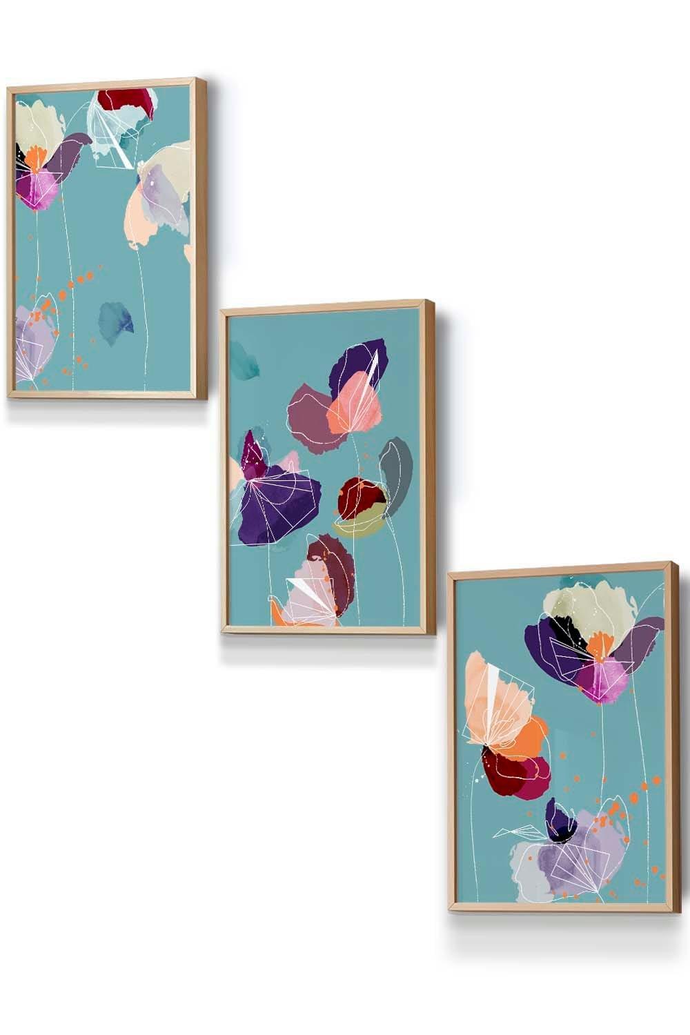 Set of 3 Oak Framed Graphical Colourful Spring Flowers Triptych Wall Art