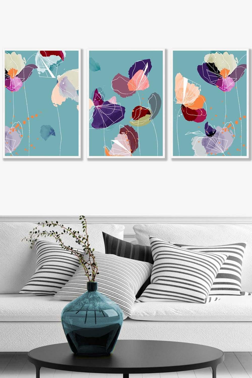Set of 3 White Framed Graphical Colourful Spring Flowers Triptych Wall Art