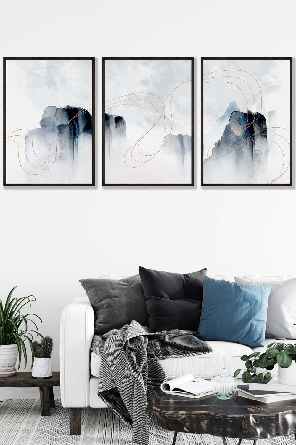 Set of 3 Black Framed Abstract Minimal Navy and White Cliffs Wall Art