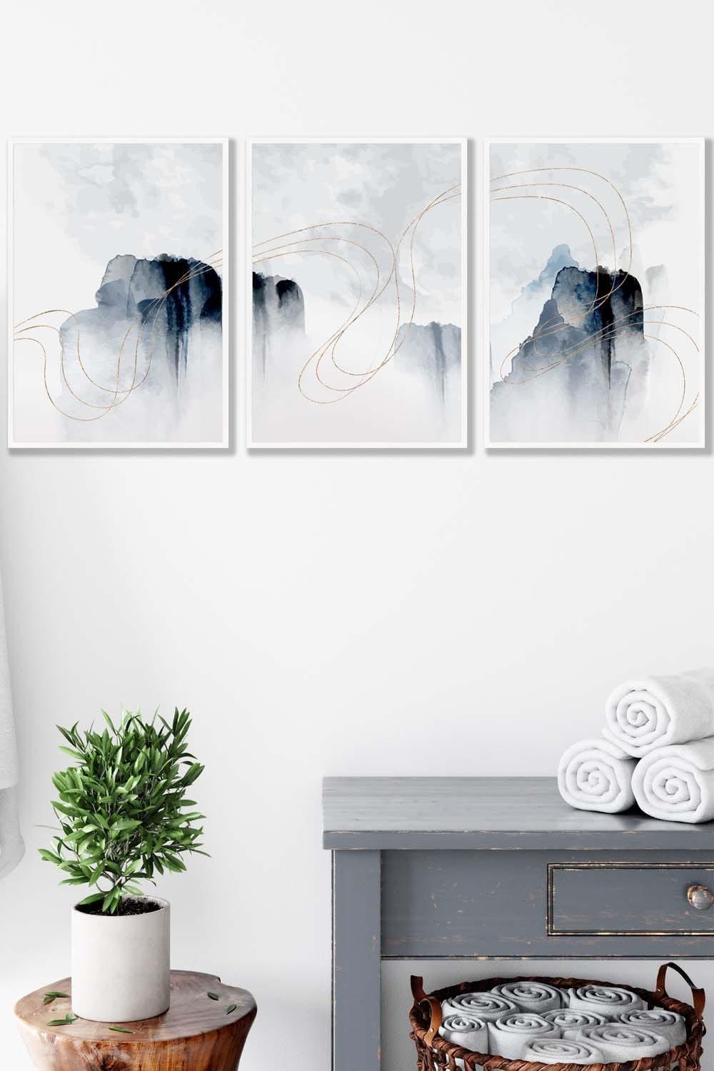 Set of 3 White Framed Abstract Minimal Navy and White Cliffs Wall Art
