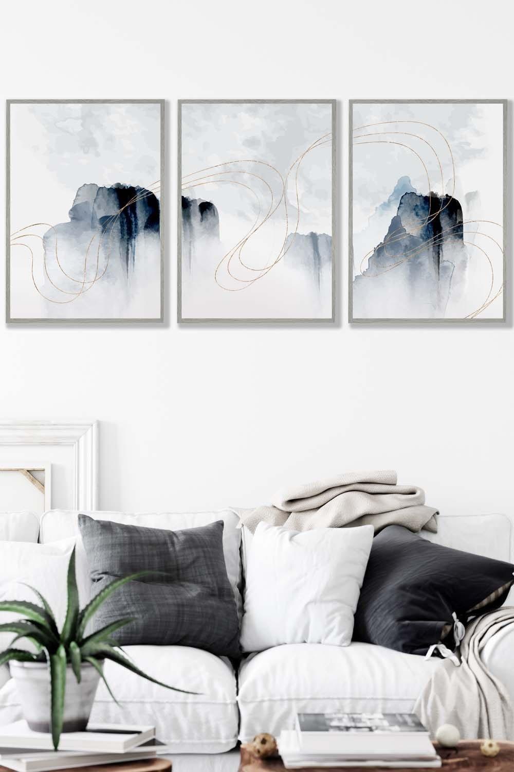 Set of 3 Light Grey Framed Abstract Minimal Navy and White Cliffs Wall Art
