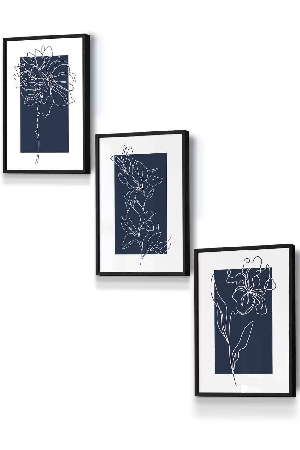 Set of 3 Black Framed Line Art Sketch Flowers on Navy Blue Wall Art
