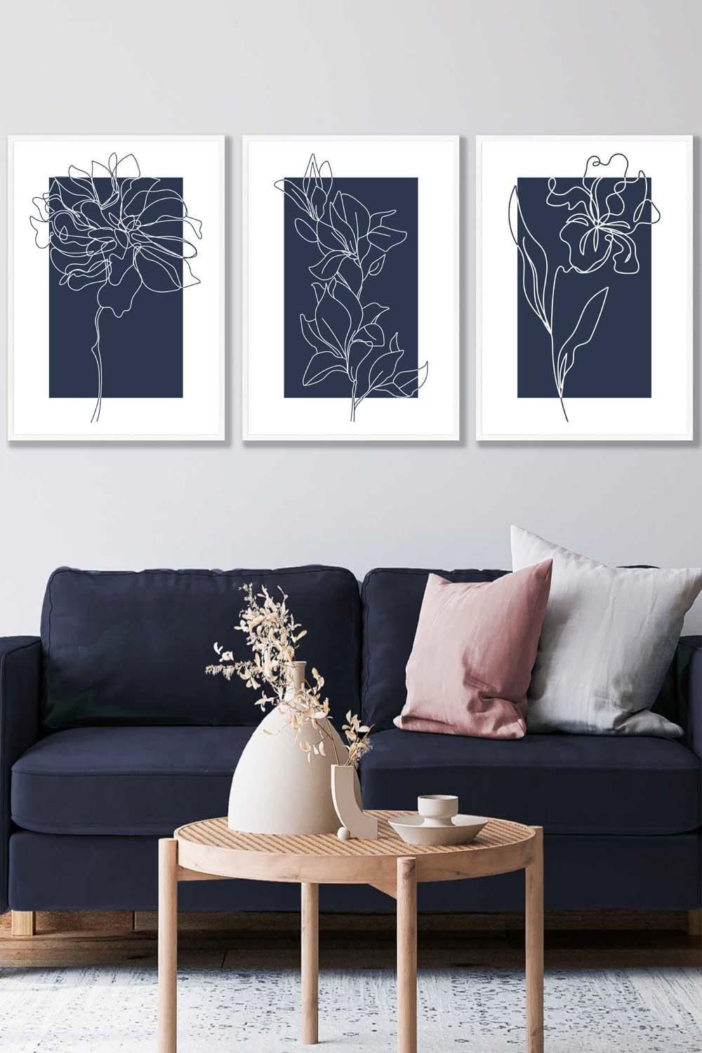 Set of 3 White Framed Line Art Sketch Flowers on Navy Blue Wall Art