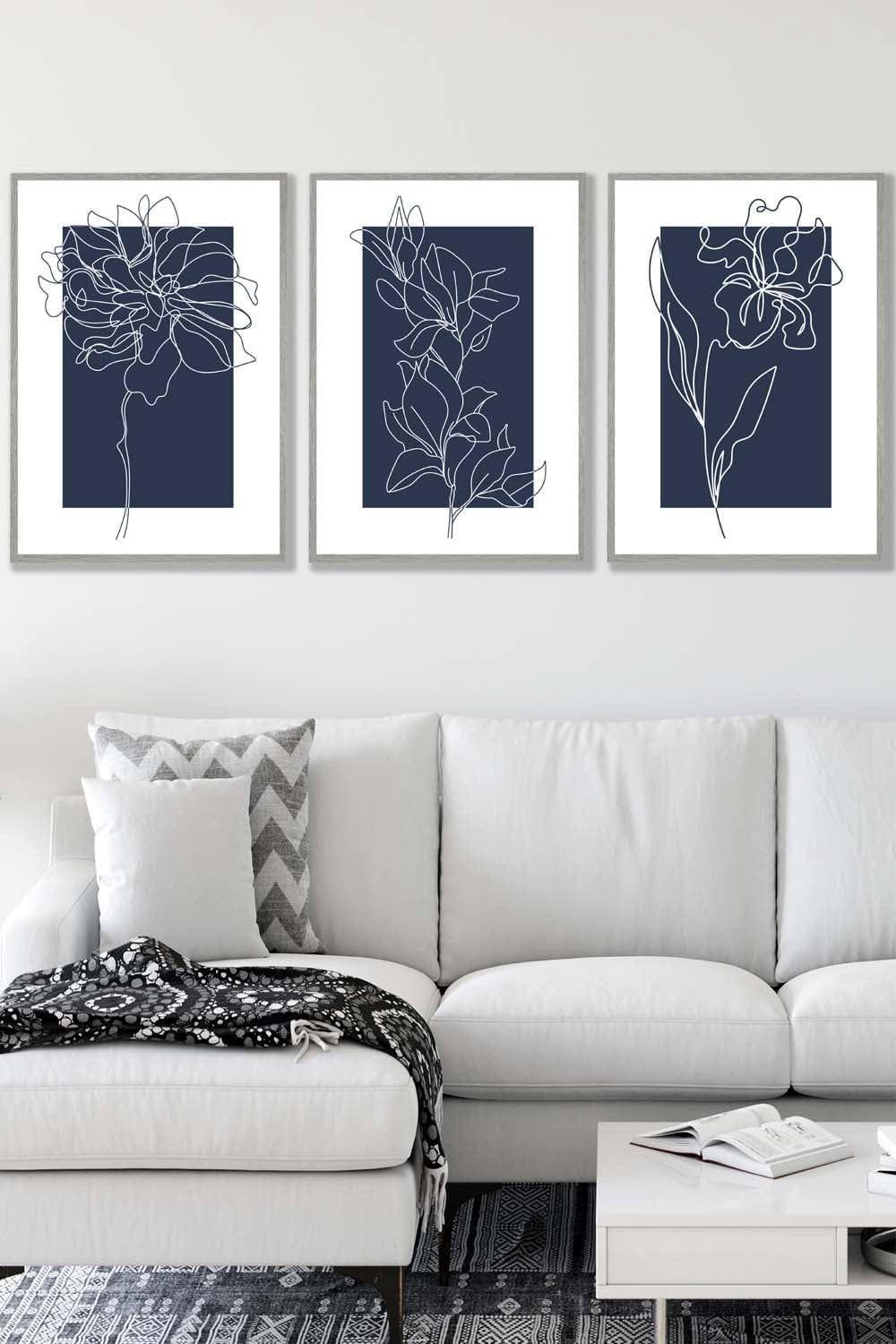 Set of 3 Light Grey Framed Line Art Sketch Flowers on Navy Blue Wall Art