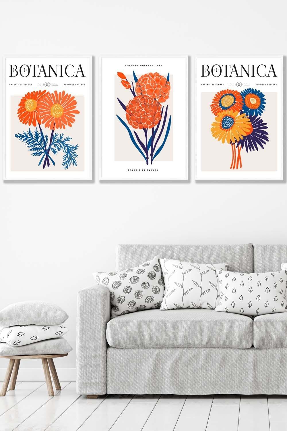 Set of 3 White Framed Bright Orange & Blue Flower Market Wall Art