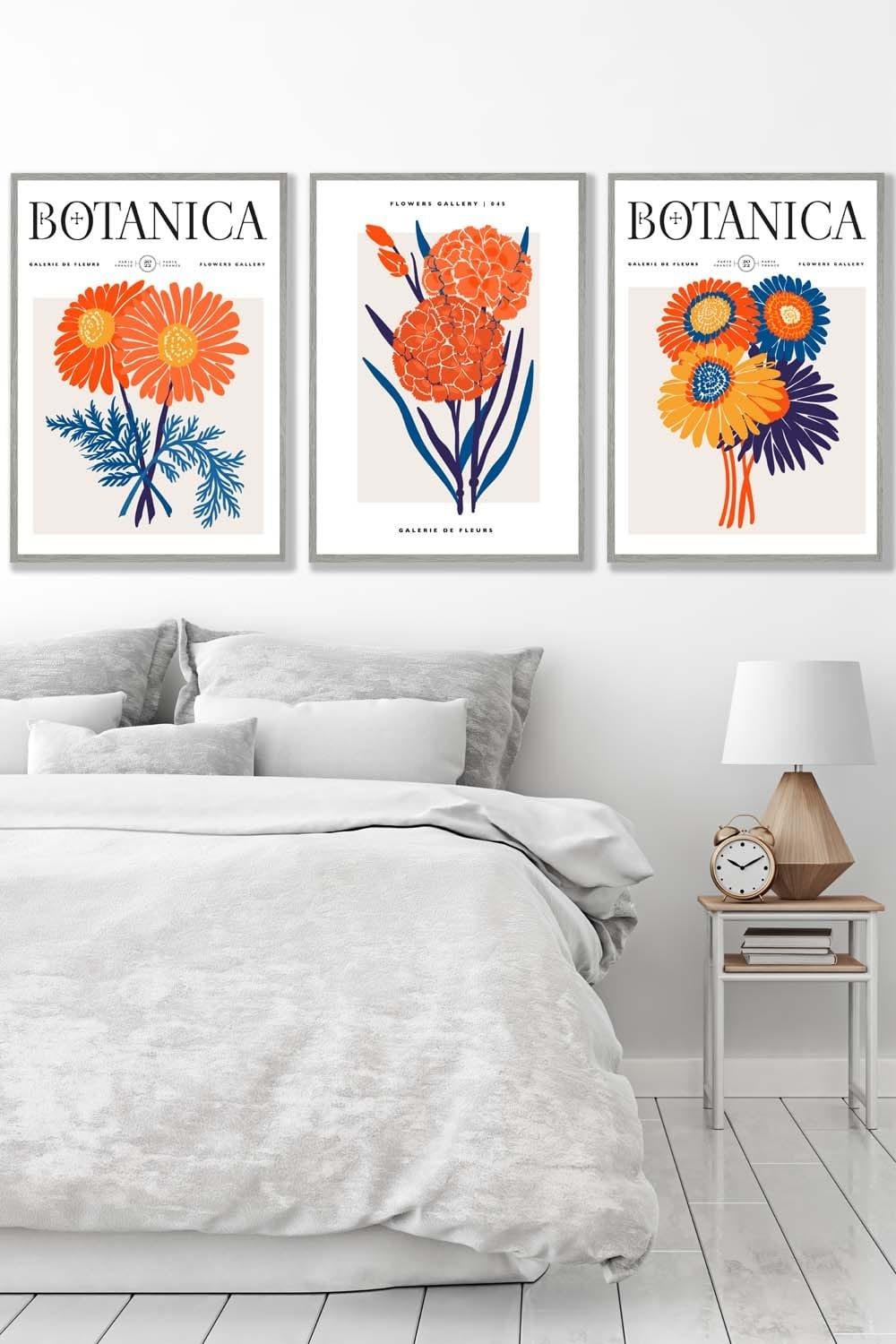 Set of 3 Light Grey Framed Bright Orange & Blue Flower Market Wall Art