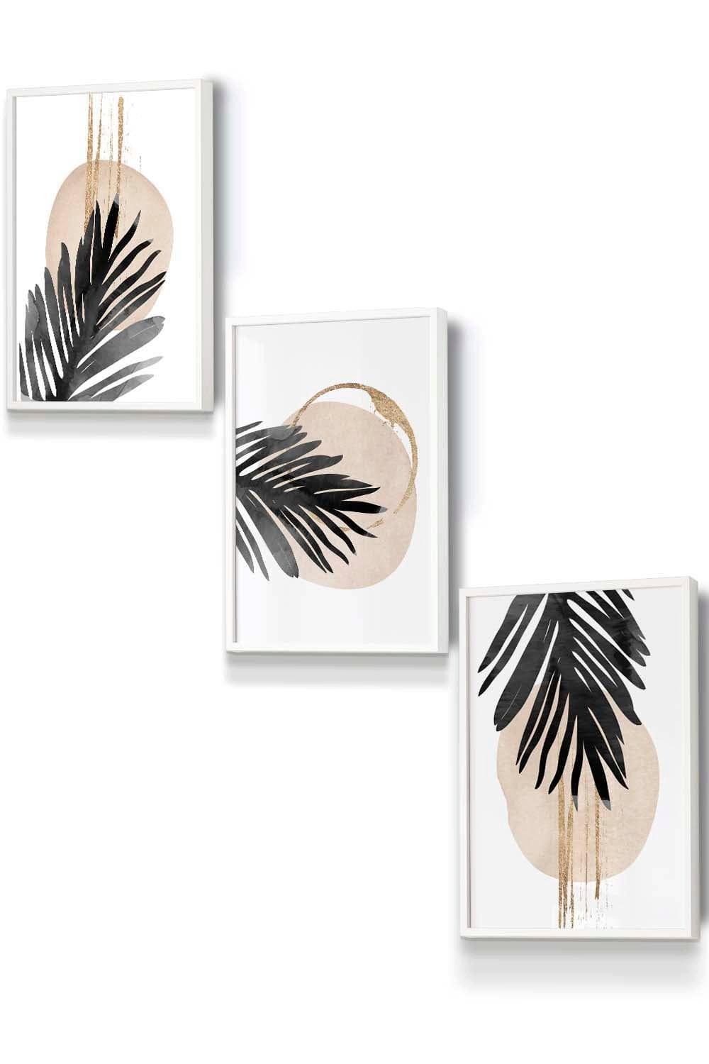 Set of 3 White Framed Abstract Watercolour Black Palm Leaves Wall Art