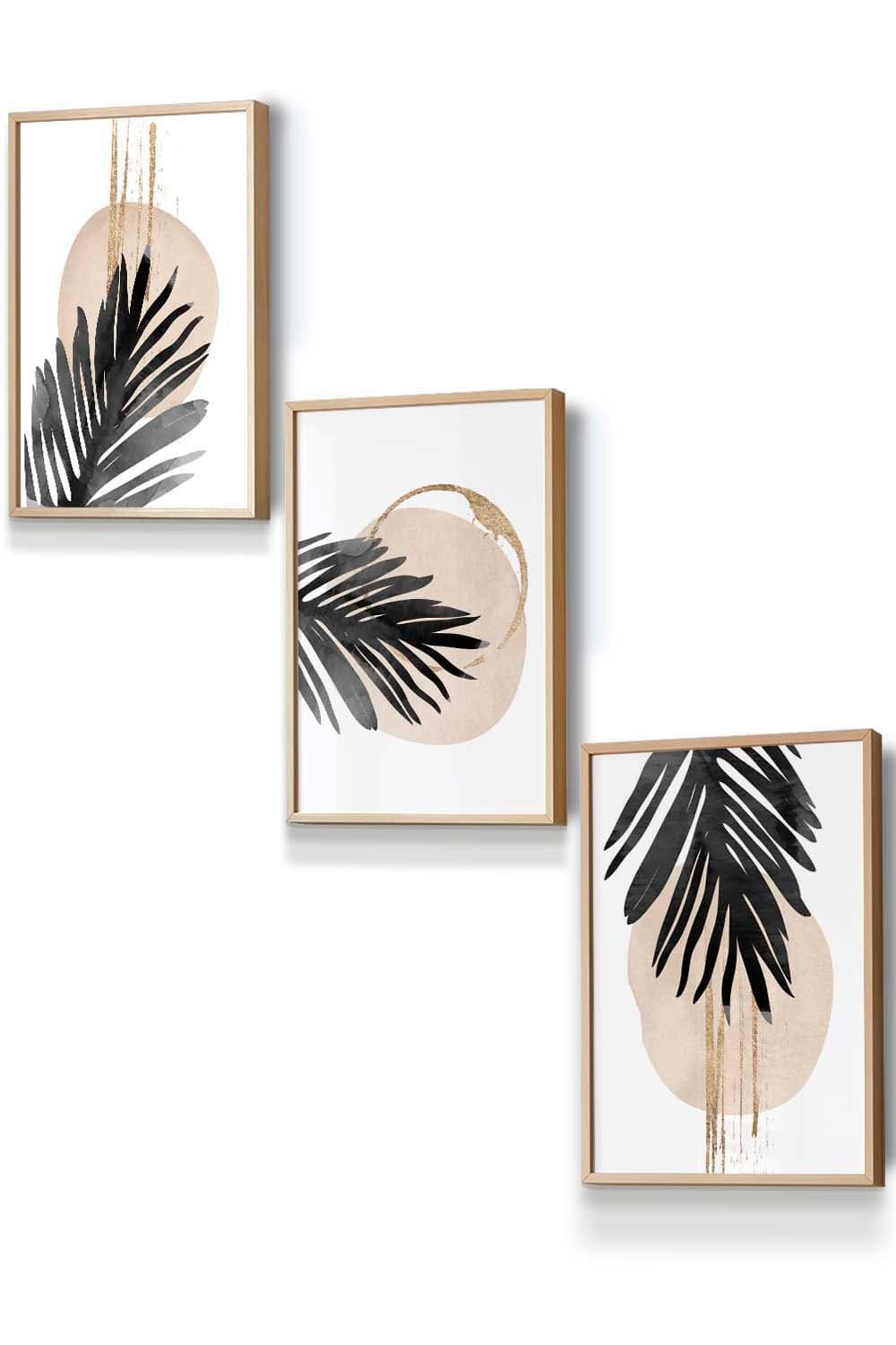Set of 3 Oak Framed Abstract Watercolour Black Palm Leaves Wall Art