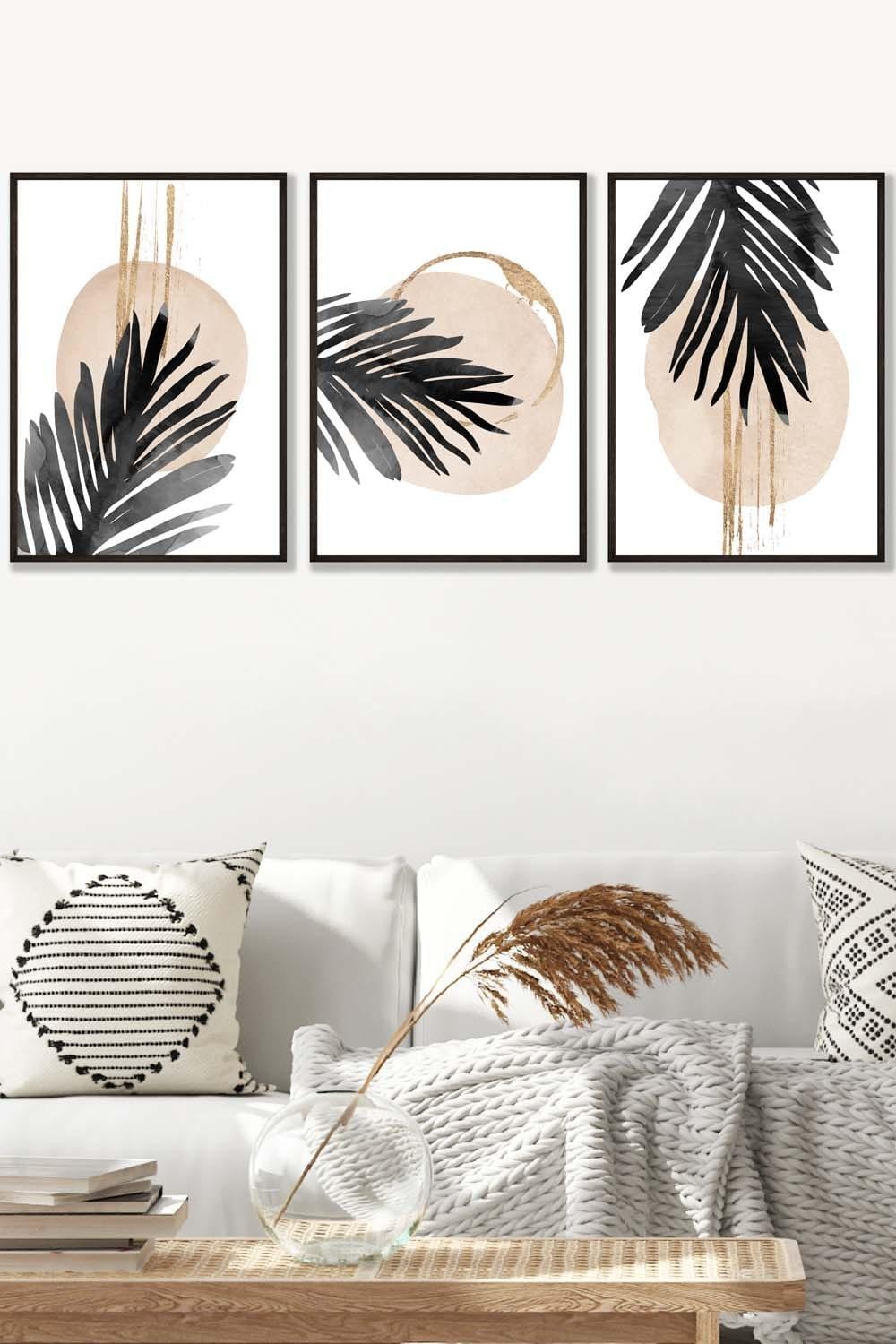 Set of 3 Black Framed Abstract Watercolour Black Palm Leaves Wall Art
