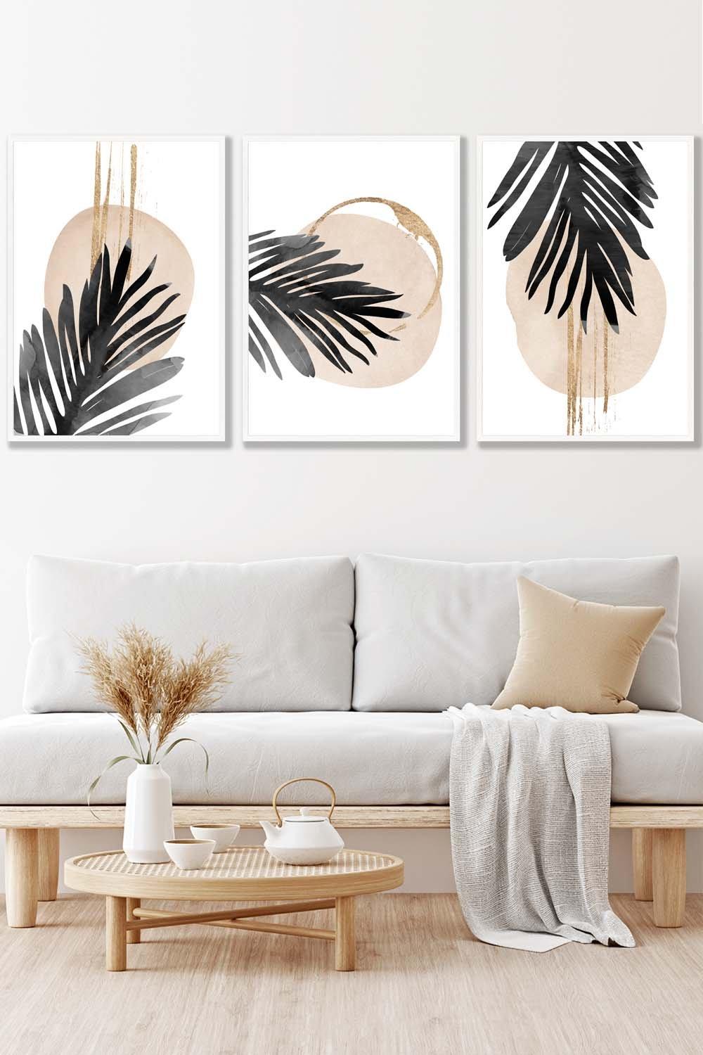 Set of 3 White Framed Abstract Watercolour Black Palm Leaves Wall Art