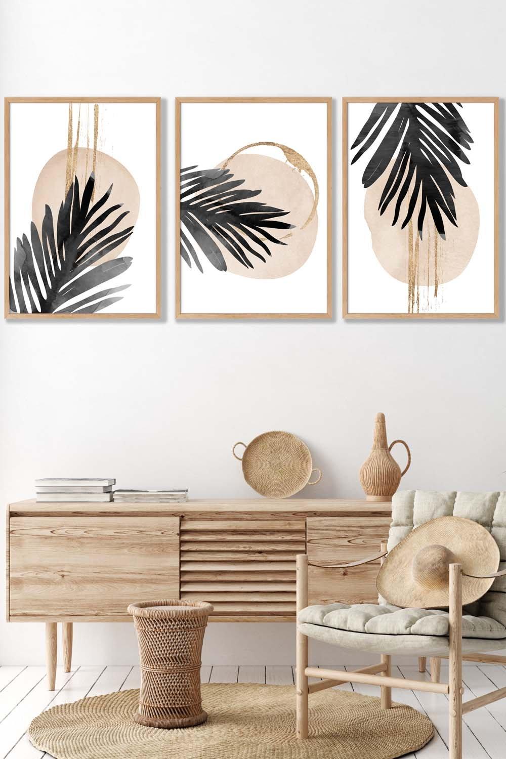 Set of 3 Oak Framed Abstract Watercolour Black Palm Leaves Wall Art