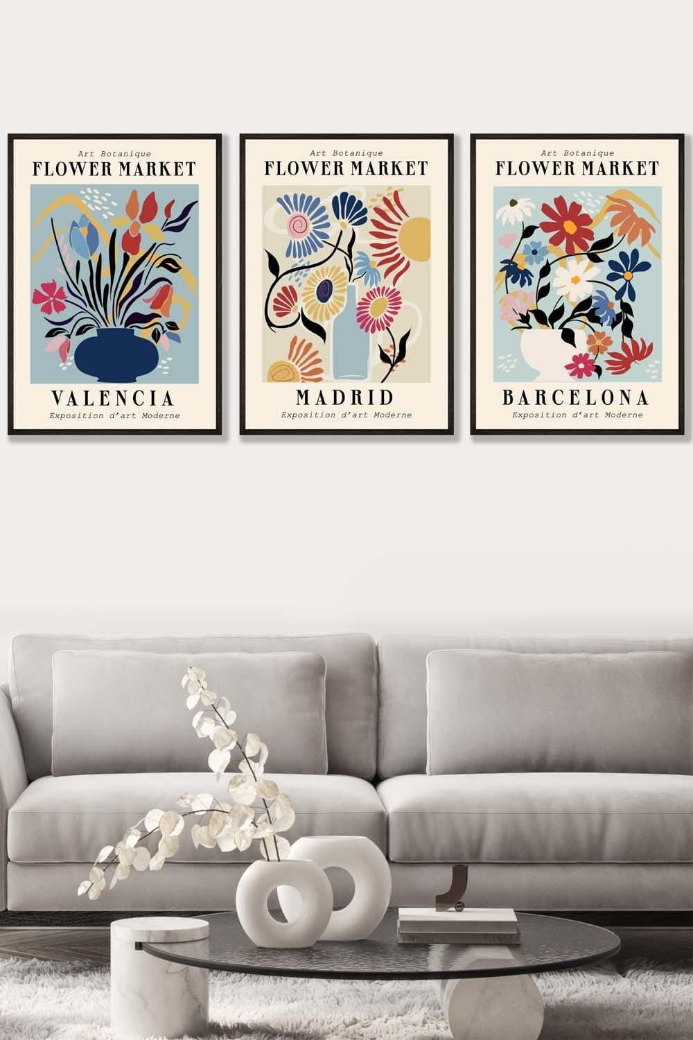 Set of 3 Black Framed Flower Market Barcelona Exhibition in Bright Colours Wall Art