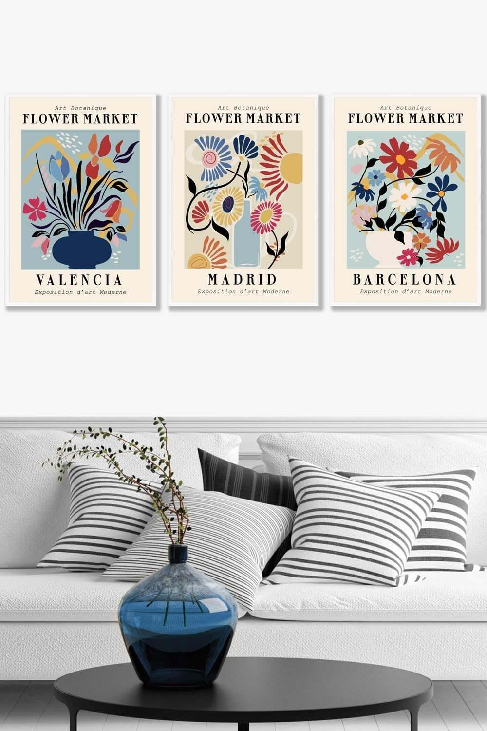 Set of 3 White Framed Flower Market Barcelona Exhibition in Bright Colours Wall Art