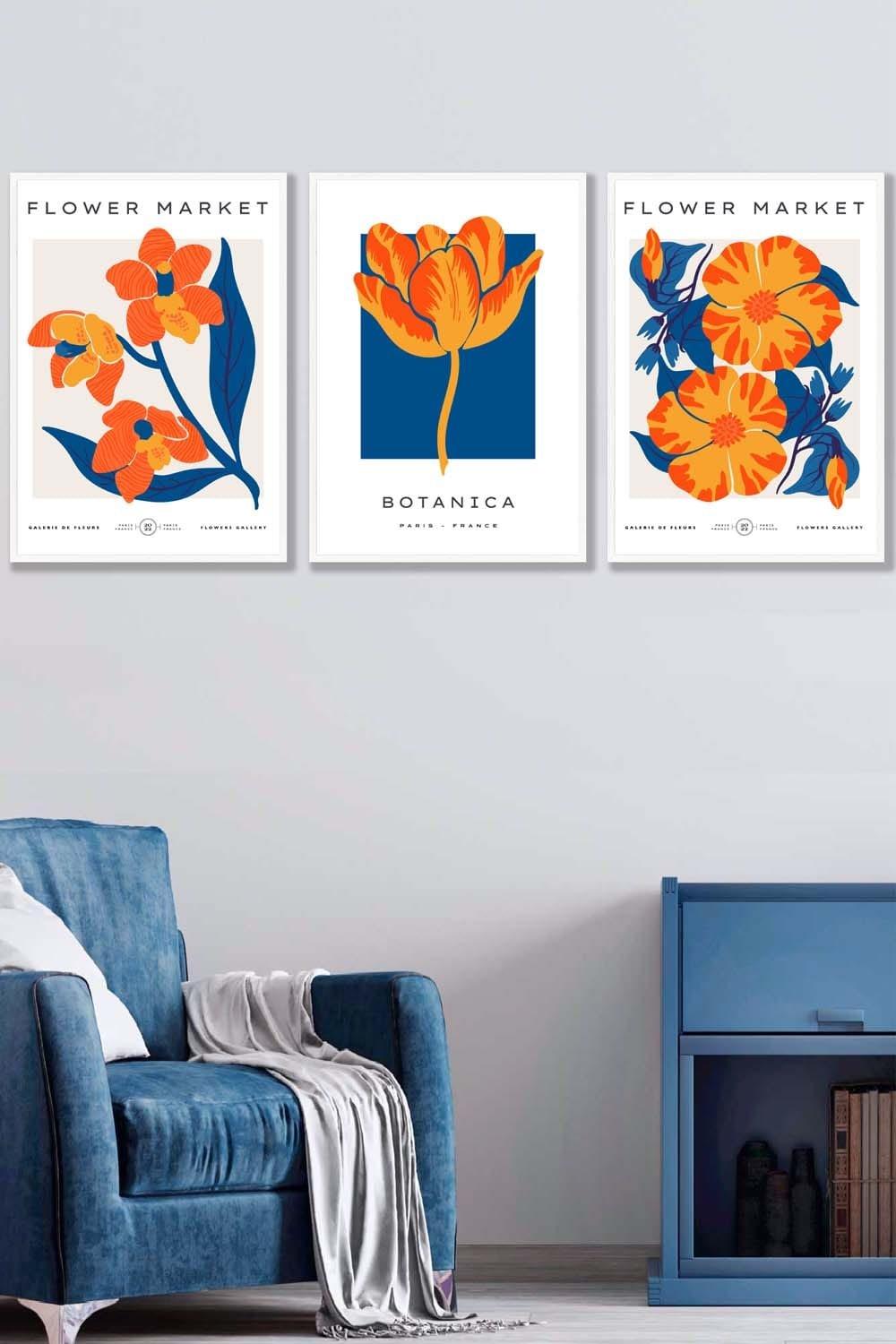 Set of 3 White Framed Blue & Orange Flower Market Wall Art