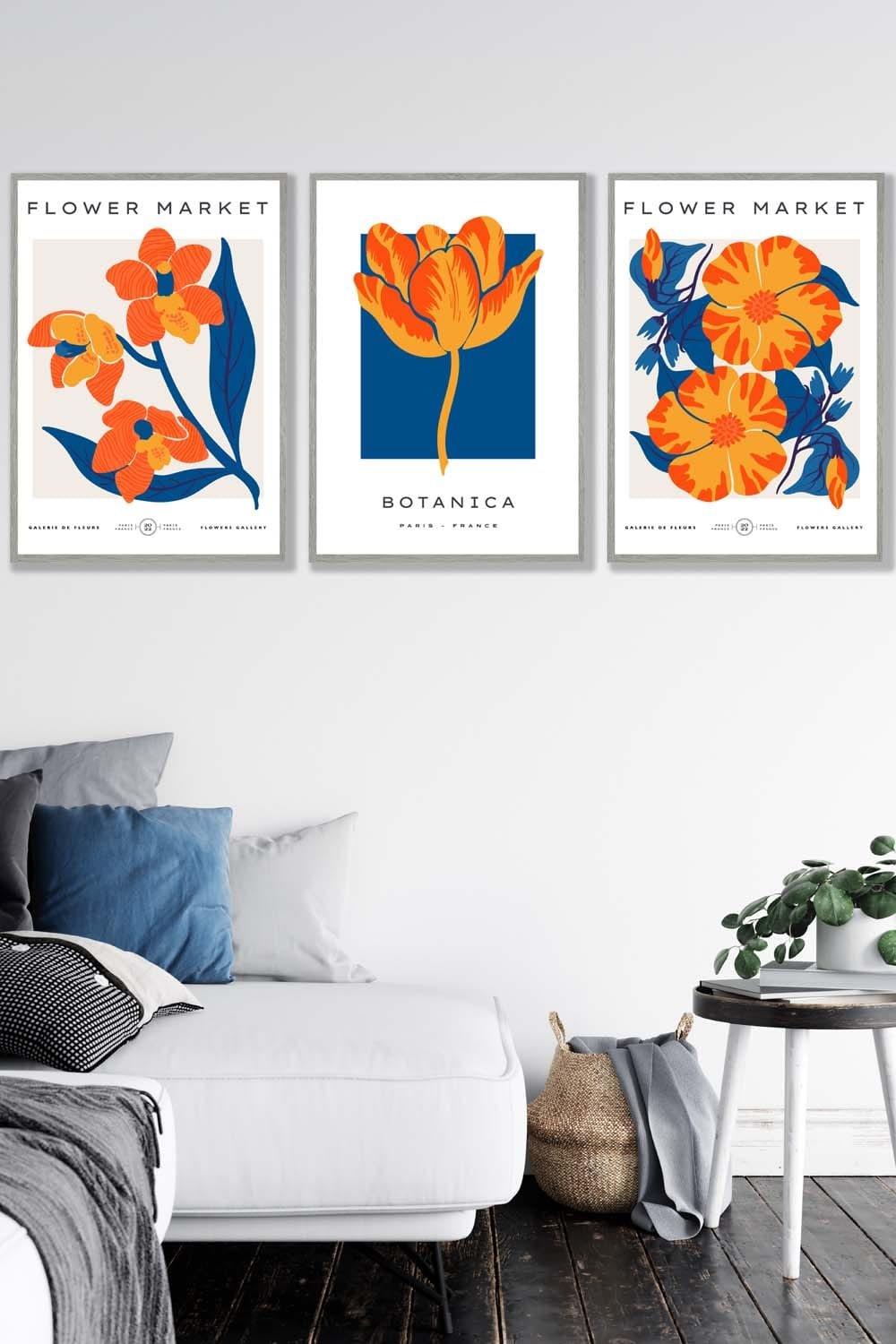 Set of 3 Light Grey Framed Blue & Orange Flower Market Wall Art
