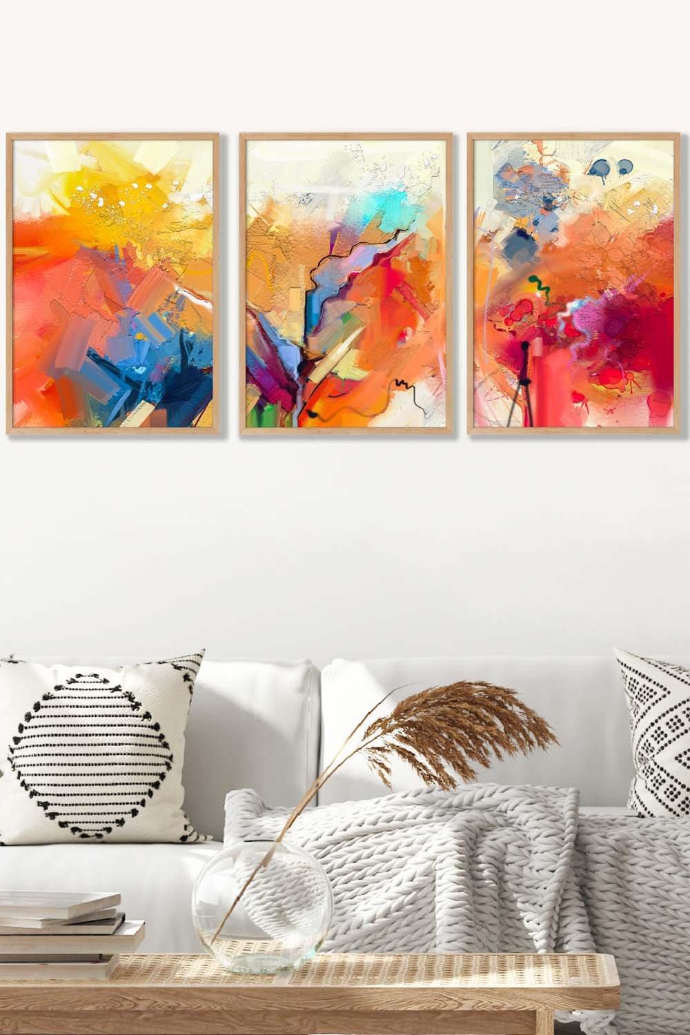 Set of 3 Oak Framed Abstract Colourful Orange Pink Red Mixed Media Fractal Wall Art