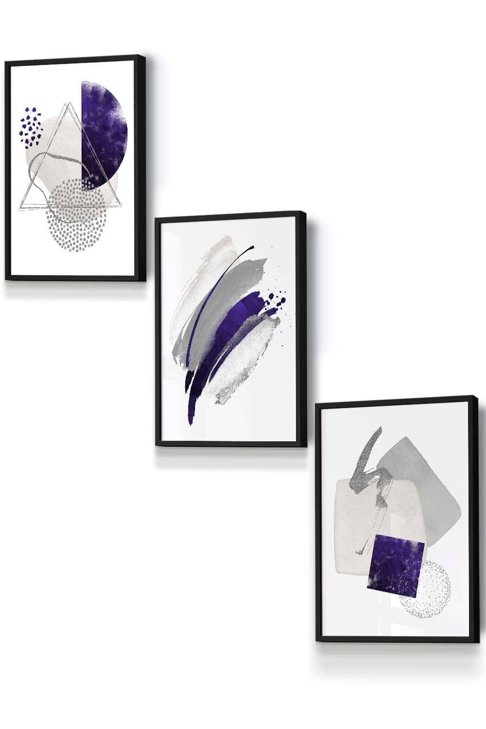 Set of 3 Black Framed Abstract Purple Silver Watercolour Shapes Wall Art