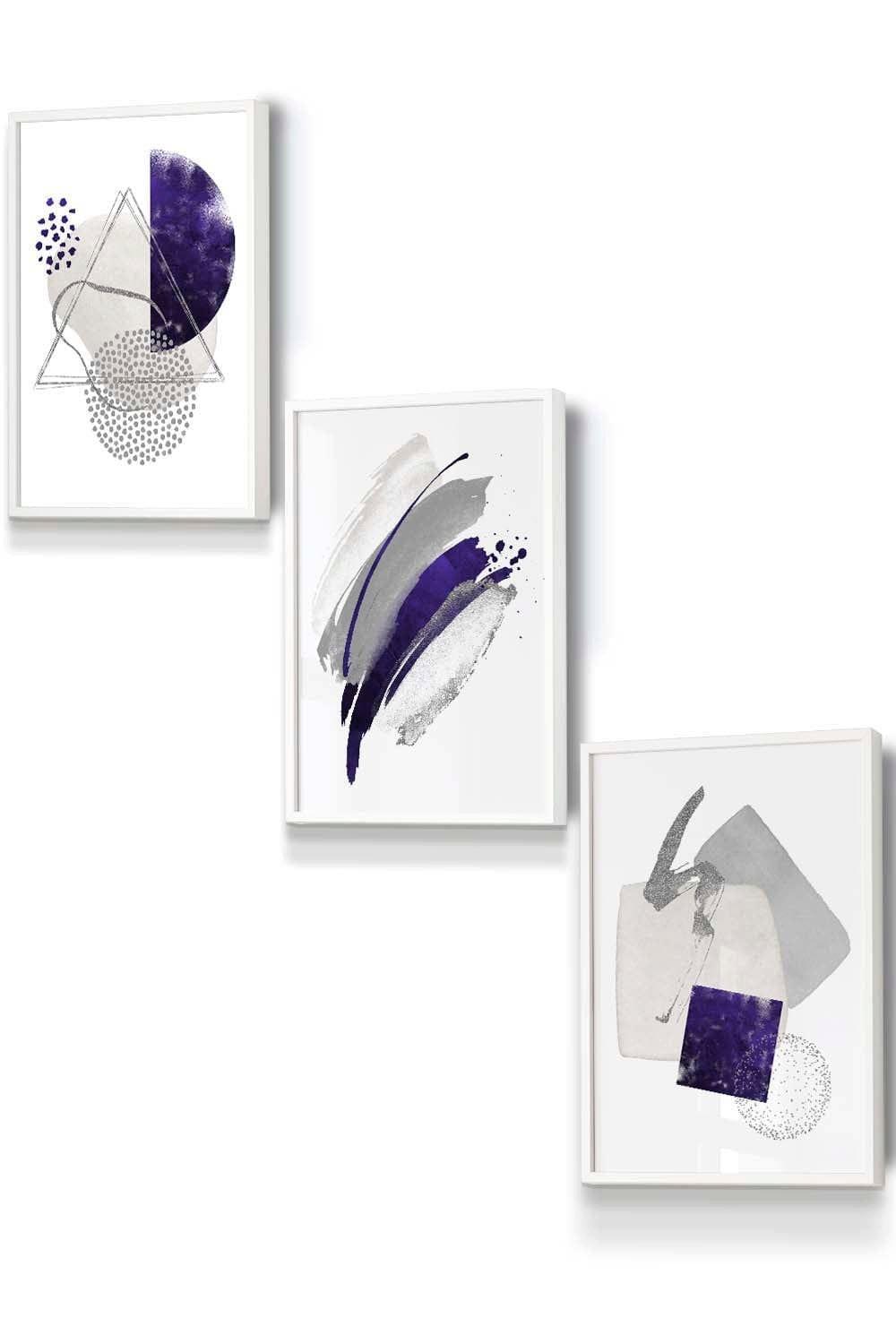 Set of 3 White Framed Abstract Purple Silver Watercolour Shapes Wall Art