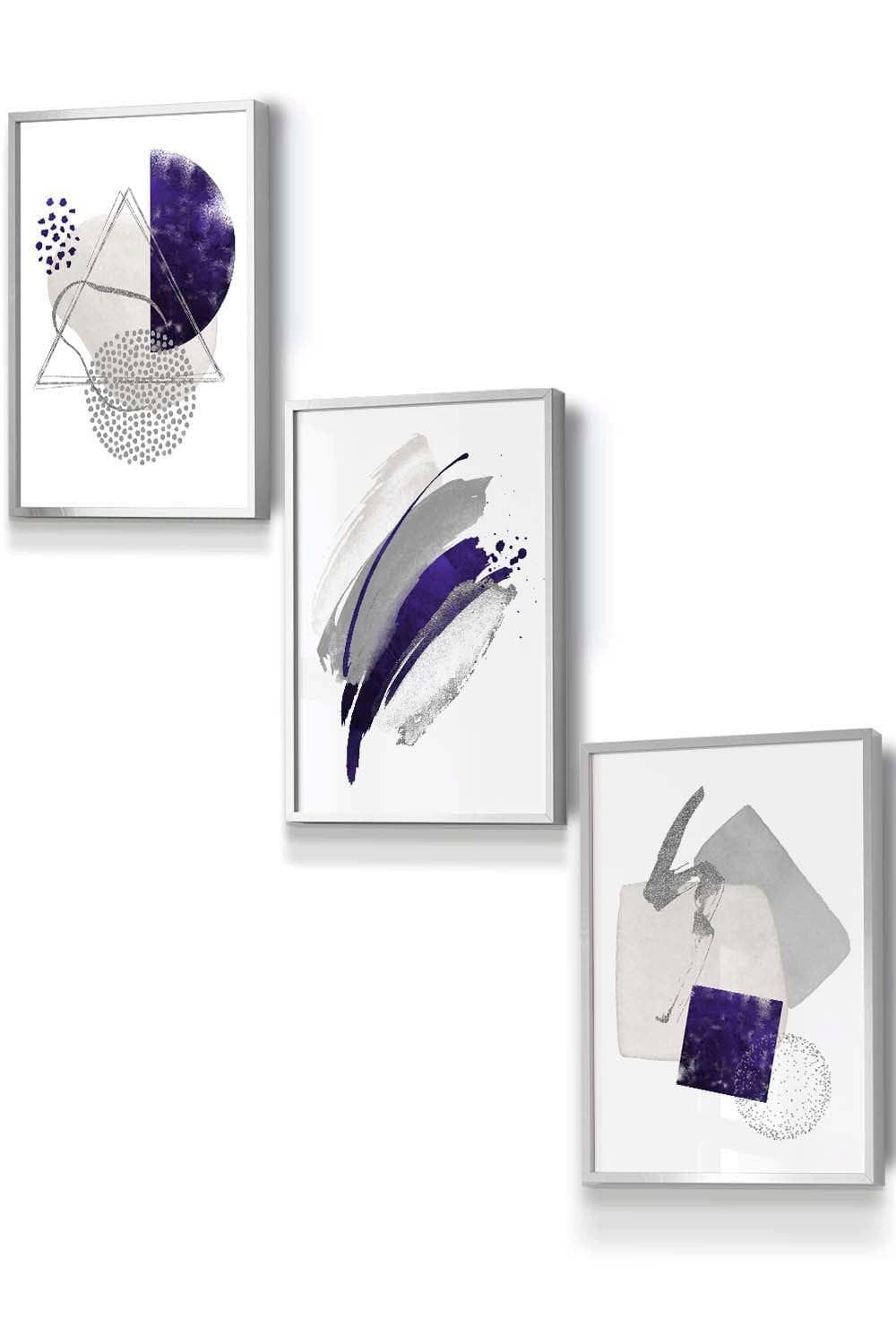 Set of 3 Silver Framed Abstract Purple Silver Watercolour Shapes Wall Art