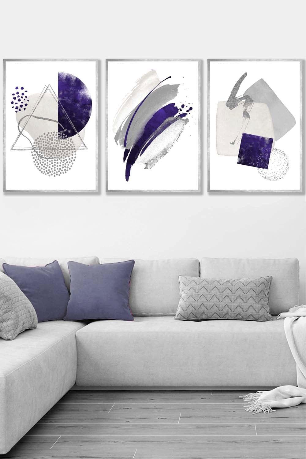 Set of 3 Silver Framed Abstract Purple Silver Watercolour Shapes Wall Art